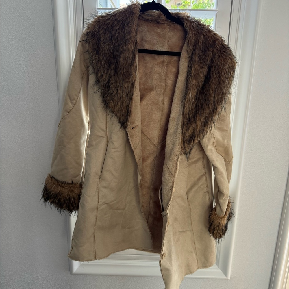 Women's Faux Fur Trimmed Coat - Cream and Brown